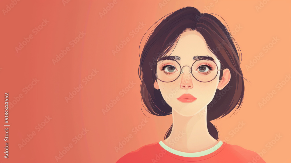 Illustrated portrait of a young woman with glasses, set against a peach-colored background, showcasing a thoughtful expression. Illustrated portrait of a young woman with glasses, set against a peach-colored background, showcasing a thoughtful expression.