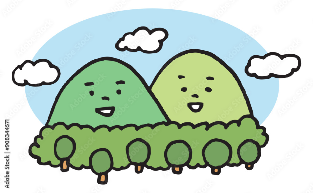 Obraz premium 晴天の空の下寄り添うかわいい山のキャラ素材