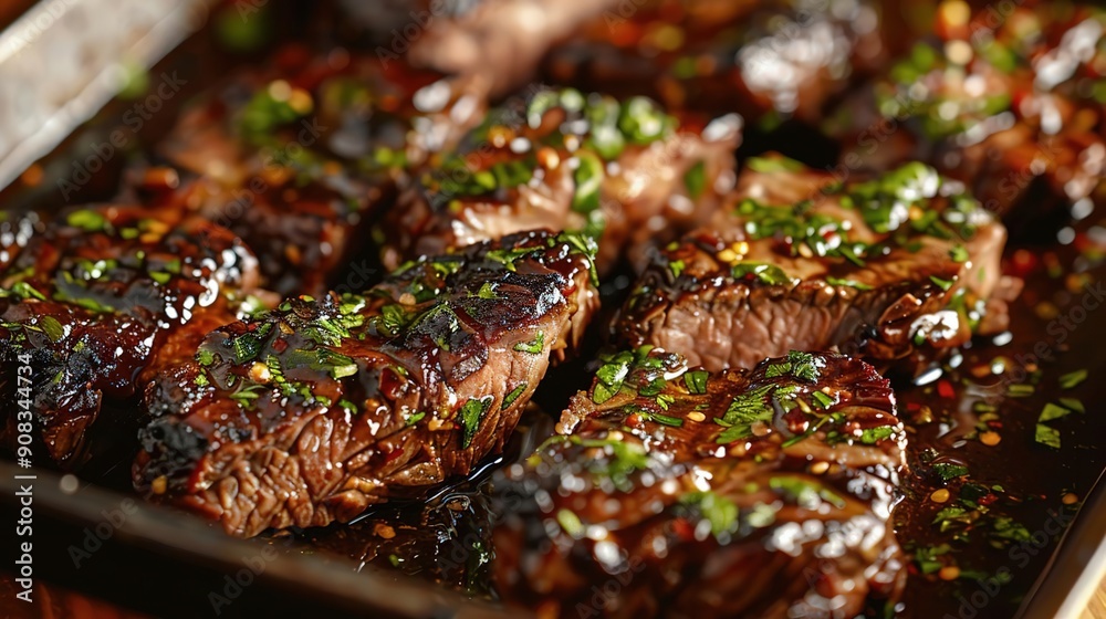 Closeup Photo of Marinated Steak with Herbs on Baking Sheet Closeup Photo of Marinated Steak with Herbs on Baking Sheet