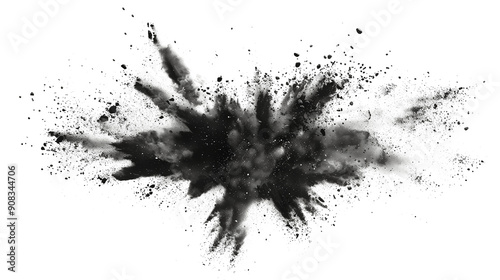 Black charcoal powder explosion with abstract splash isolated on transparent background