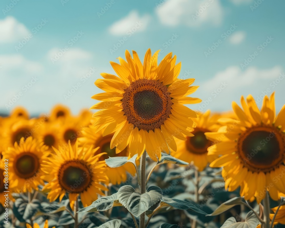 Obraz premium A bright sunflower field under a clear blue sky with vibrant yellow blooms stretching to the horizon, Photography, High saturation, Cheerful atmosphere