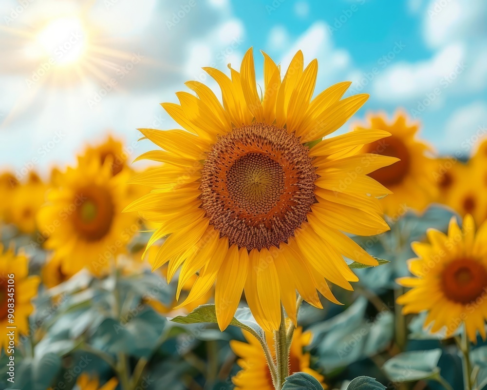 Fototapeta premium A bright sunflower field under a clear blue sky with vibrant yellow blooms stretching to the horizon, Photography, High saturation, Cheerful atmosphere