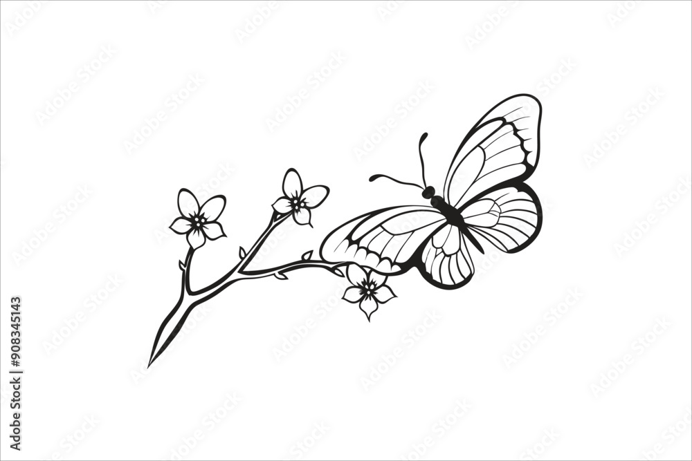 Butterfly and Cherry flower outline illustration line art drawing coloring book pages for children and adults Butterfly and Cherry flower outline illustration line art drawing coloring book pages for children and adults