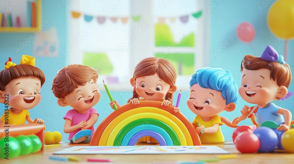 Fototapeta premium 3D Cute Cartoon Children Drawing Rainbows - Stock Image