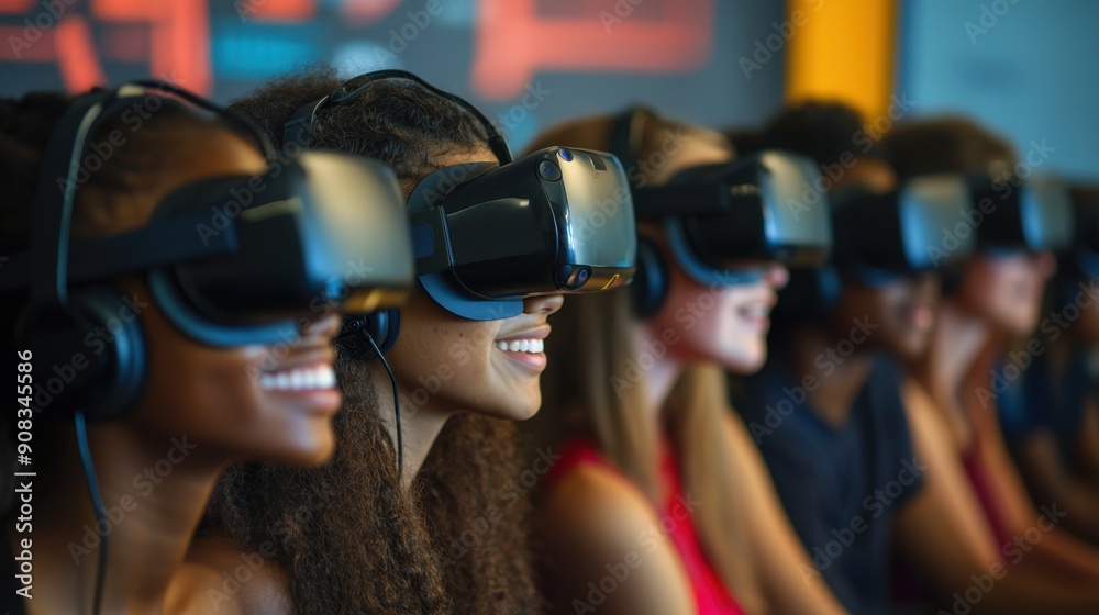 A group of students wearing VR headsets in a classroom, immersed in a virtual learning experience, guided by a teacher, demonstrating the integration of emerging technologies in education and the A group of students wearing VR headsets in a classroom, immersed in a virtual learning experience, guided by a teacher, demonstrating the integration of emerging technologies in education and the