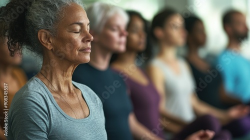 A serene yoga class with participants of various ages and backgrounds, following the instructor's guidance in a peaceful studio, highlighting the holistic aspects of education that include physical,