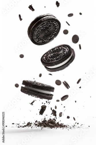 Falling Oreo Cookie isolated on white background, full depth of field