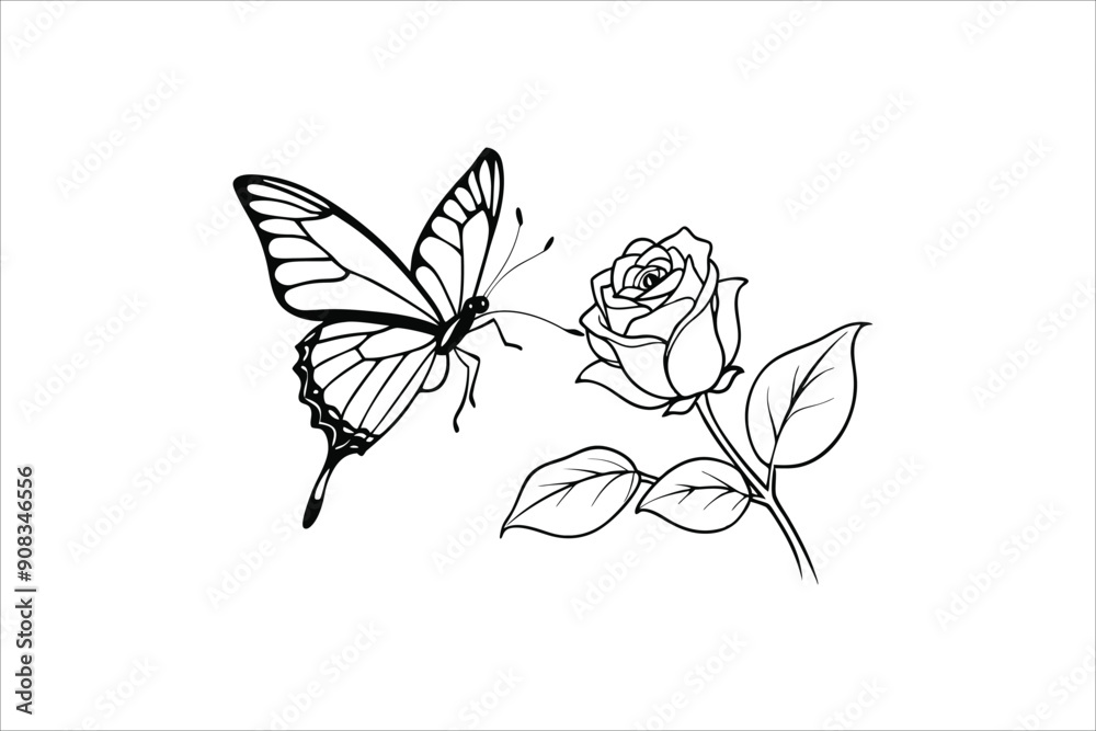Obraz premium Butterfly and Rose flower outline illustration for coloring book
