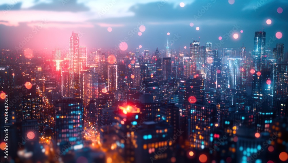 Fototapeta premium Cityscape of a Modern Metropolis with Bokeh Lights