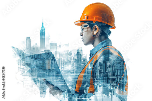Construction engineer in double exposure above city and construction site isolated on transparent background