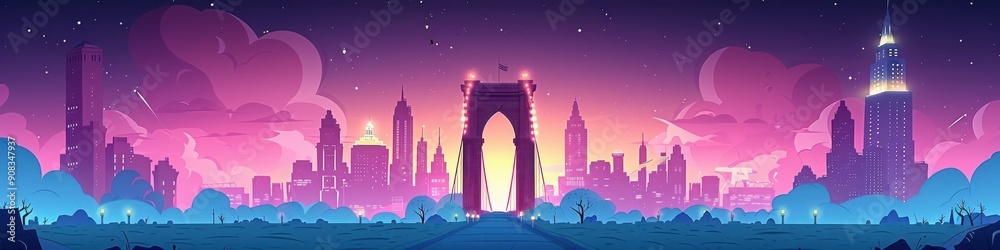 Fototapeta premium Dreamy illustrated night skyline showcasing an enchanting downtown with a distinctive lit bridge amidst a vibrant purple and blue sky