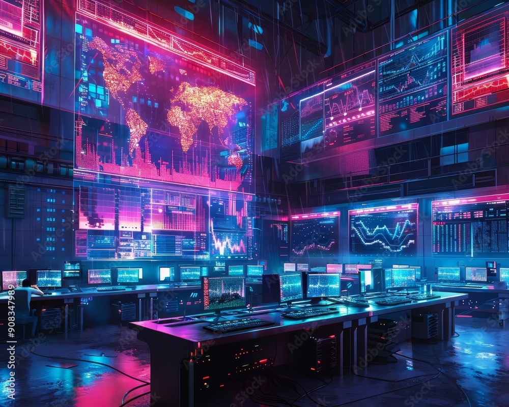 A futuristic trading floor with holographic cryptocurrency charts and traders using advanced interfaces, vibrant and dynamic, neon colors, digital painting A futuristic trading floor with holographic cryptocurrency charts and traders using advanced interfaces, vibrant and dynamic, neon colors, digital painting