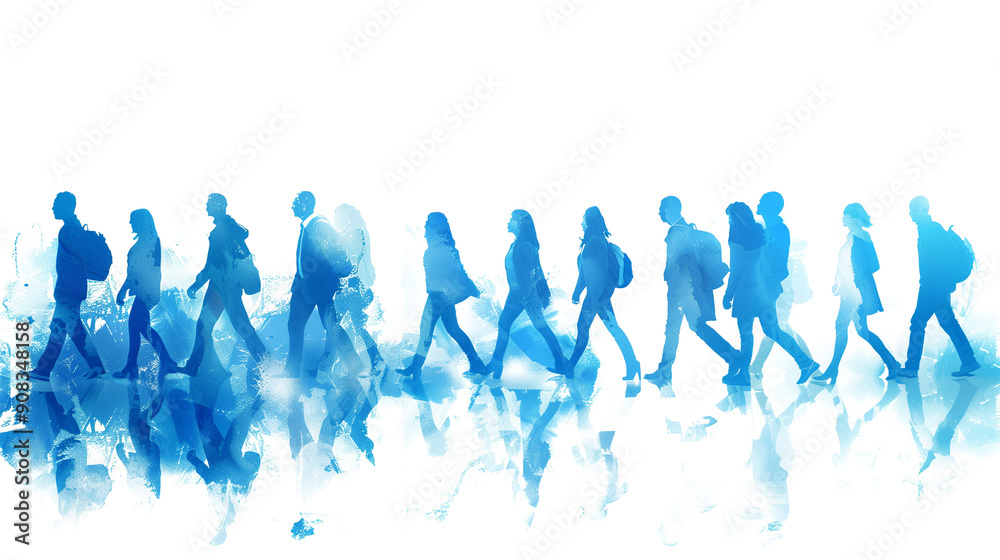 Obraz premium Blue silhouette of crowd of people walking on transparent background