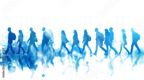 Blue silhouette of crowd of people walking on transparent background