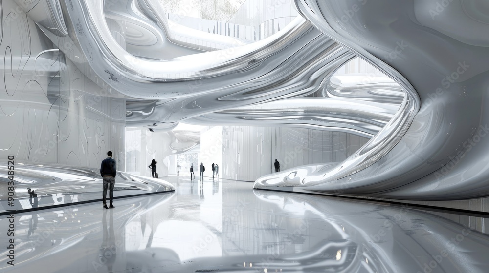 Modern museum with flowing lines and reflective surfaces Modern museum with flowing lines and reflective surfaces
