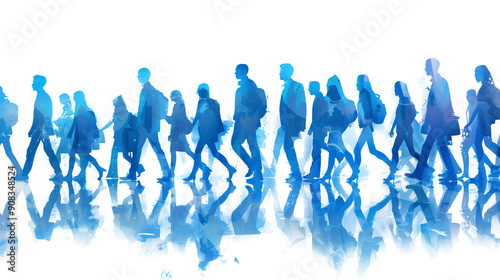 Blue silhouette of crowd of people walking on transparent background