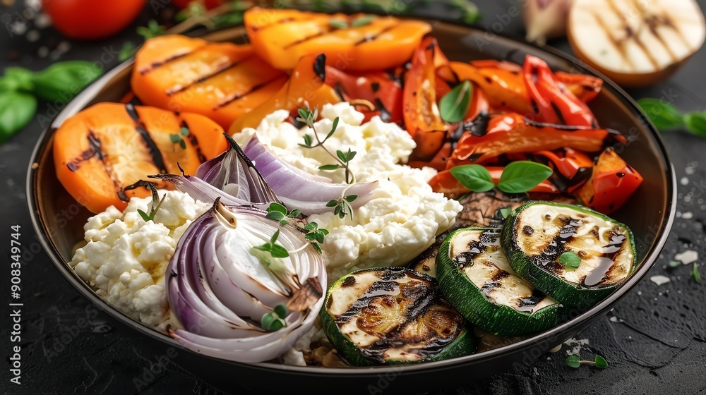 Rustic Italian breakfast of grilled vegetables, ricotta cheese, and fresh herbs Rustic Italian breakfast of grilled vegetables, ricotta cheese, and fresh herbs