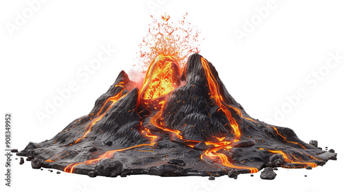 Volcanic eruption with flowing lava isolated on transparent background photo