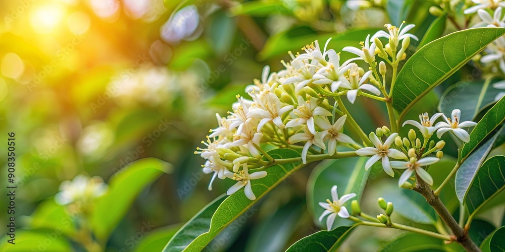 Close-up of Indian Sandalwood tree with fragrant white flowers and aromatic wood, Sandalwood, Santalum album, Endangered Close-up of Indian Sandalwood tree with fragrant white flowers and aromatic wood, Sandalwood, Santalum album, Endangered
