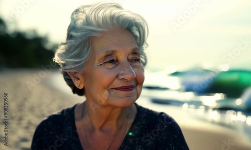 Portrait of an elderly woman on the seashoreSelective focus.