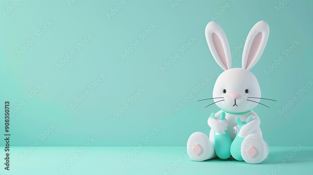 Obraz premium A white cartoon bunny on a green background.