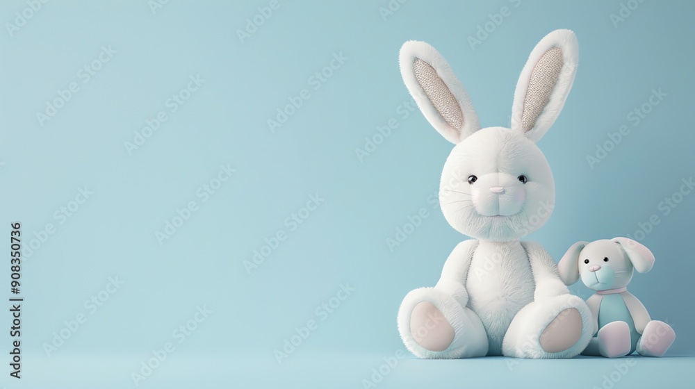 Two plush bunnies on a blue background.