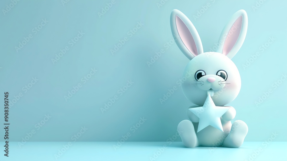 A cute cartoon rabbit holding a star on a blue background. A cute cartoon rabbit holding a star on a blue background.