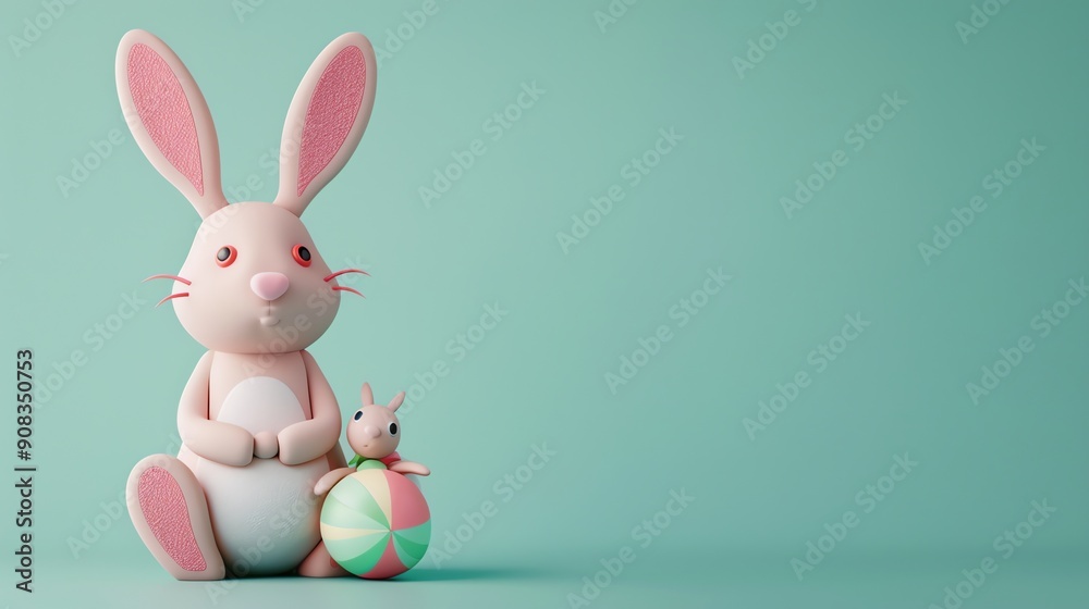 Fototapeta premium A cute pink cartoon bunny sitting next to a colorful ball, on a blue background.