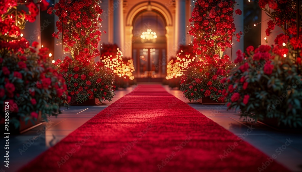 Red Carpet Entrance With Floral Decorations and String Lights Red Carpet Entrance With Floral Decorations and String Lights