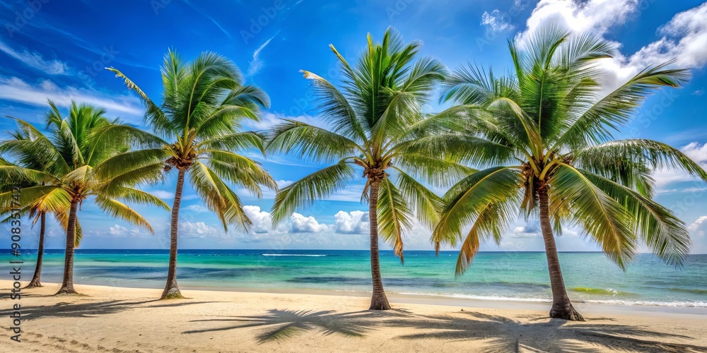 Palm trees swaying in the summer breeze on a tropical beach, tropical, palm trees, beach, summer, vacation, paradise, relaxation Palm trees swaying in the summer breeze on a tropical beach, tropical, palm trees, beach, summer, vacation, paradise, relaxation