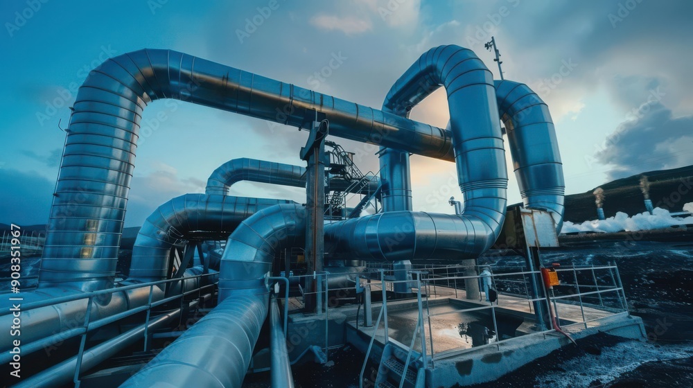Fototapeta premium Geothermal reservoir with pipes and flowing fluids under the sky, top view, depicting the mechanics of geothermal energy, digital tone, vivid, copy space for text