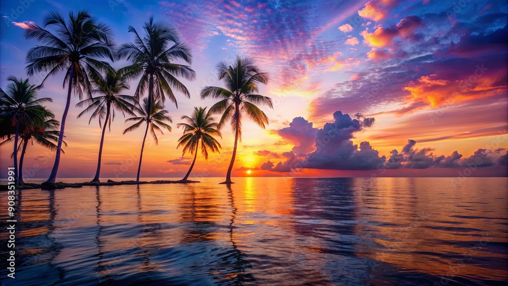 Vibrant sunset over tranquil ocean with silhouette of palm trees, sunset, sky, horizon, dusk, orange, red, golden, clouds Vibrant sunset over tranquil ocean with silhouette of palm trees, sunset, sky, horizon, dusk, orange, red, golden, clouds