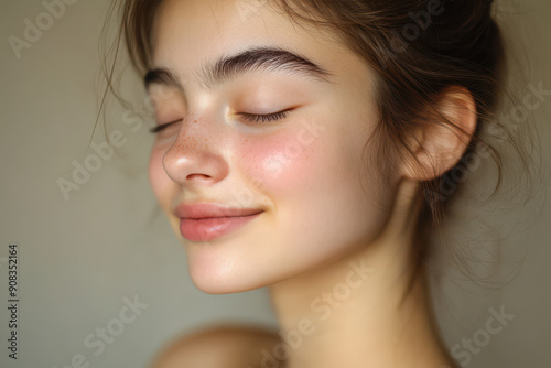 A close up of a girl's face with her eyes closed