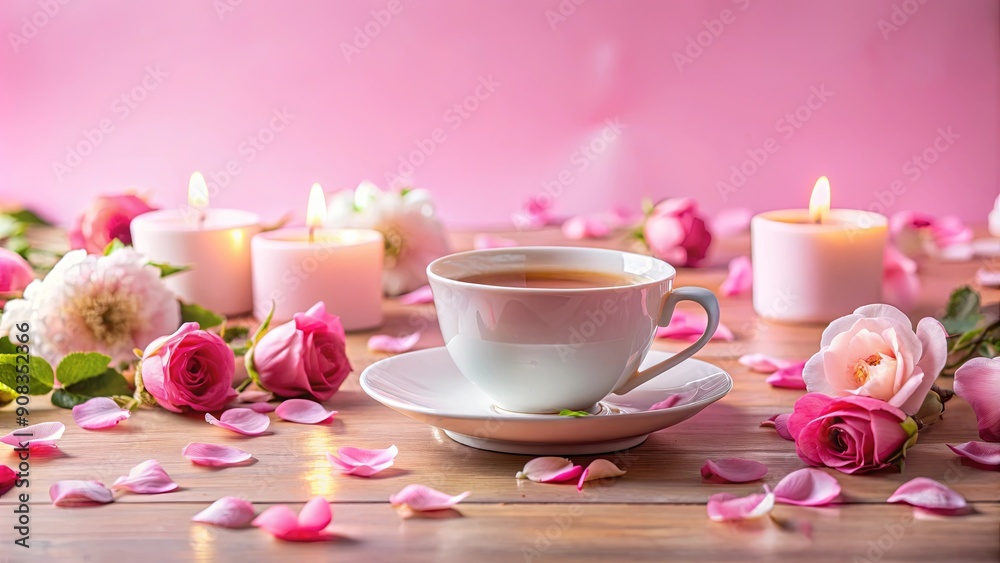 Romantic tea setting with rose petals and warm candles, a cup of tea among flowers on a pink background, romantic Romantic tea setting with rose petals and warm candles, a cup of tea among flowers on a pink background, romantic