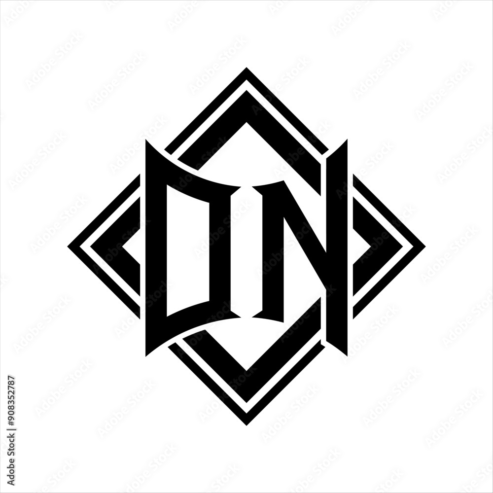 DN Letter logo with abstract shield shape with square black outline on white background design DN Letter logo with abstract shield shape with square black outline on white background design