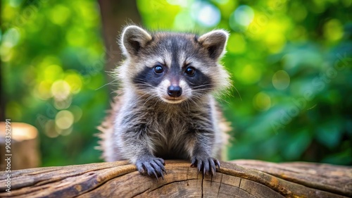 Raccoon animal photography in nature. Cute funny adorable mammal wildlife creature at the zoo, friendly small gray and black furry baby