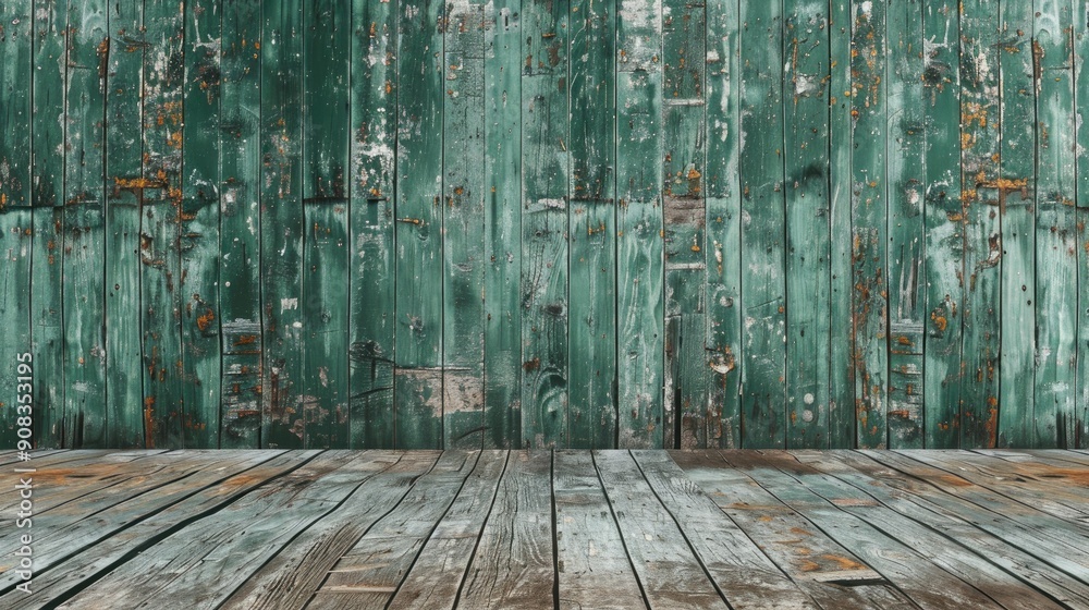 Aged green wooden walls with a wooden backdrop