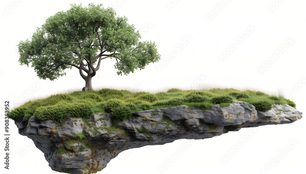 A solitary tree on a floating rock formation with lush green foliage