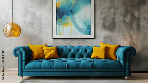 Blue chesterfield sofa with yellow cushions