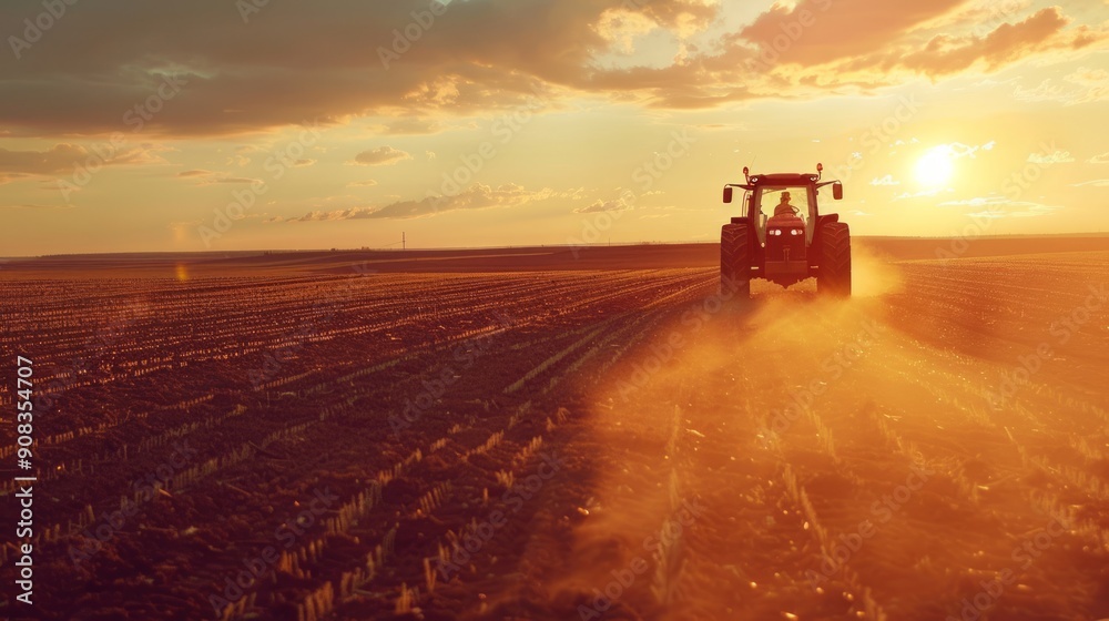 Fototapeta premium Tractor Working the Field at Sunset