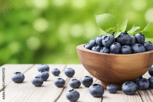 Blueberry on a wooden table over a blurry nature background