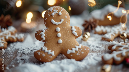 Gingerbread man surrounded by christmas lights and decorations