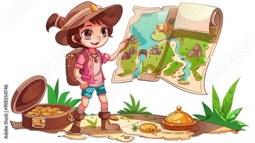 A cartoon image of a girl on a treasure hunt. photo