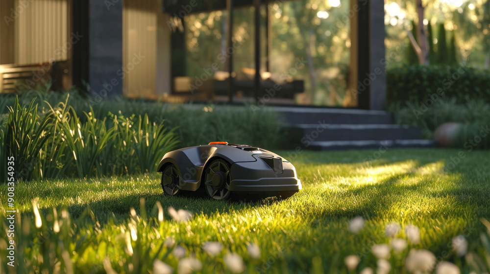 Robotic lawn mower in front of a modern House Robotic lawn mower in front of a modern House