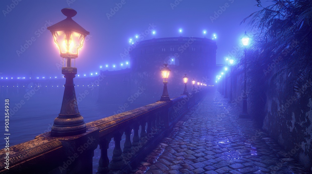 Enchanting Misty Night Along Cobblestone Pathway Illuminated by Vintage ...