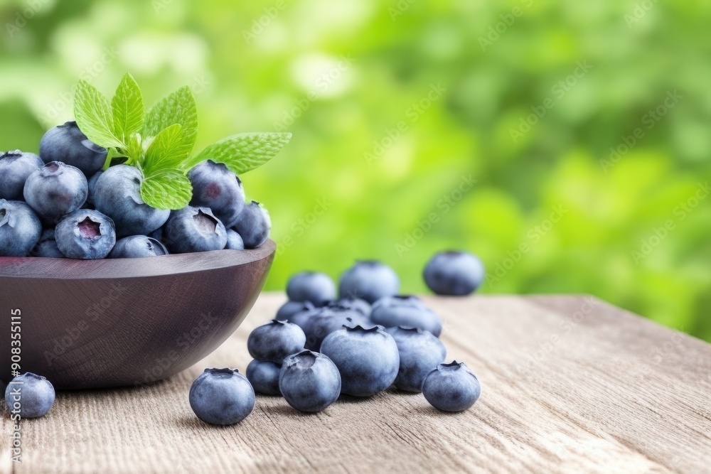 Blueberry on a wooden table over a blurry nature background Blueberry on a wooden table over a blurry nature background