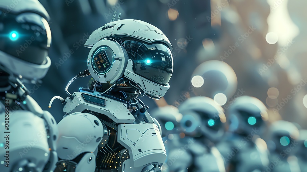Fototapeta premium Futuristic robots stand in formation, showcasing advanced technology and intricate designs with glowing elements.