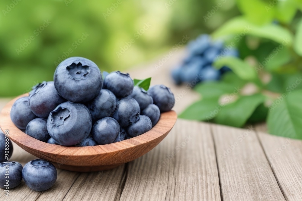Blueberry on a wooden table over a blurry nature background Blueberry on a wooden table over a blurry nature background