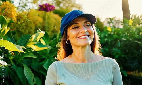 Full-length portrait video of a satisfied woman in her 40s wearing a cool cap or hat against a garden or botanical background