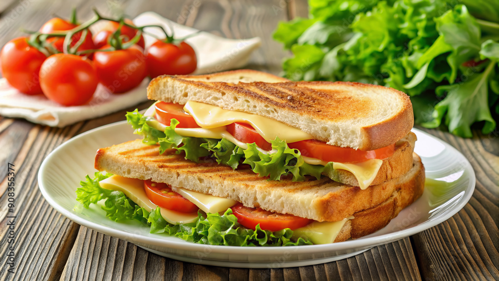 Delicious melted cheese between crispy golden bread slices, garnished with fresh lettuce and tomato, served on a clean white plate with a side of utensils. Delicious melted cheese between crispy golden bread slices, garnished with fresh lettuce and tomato, served on a clean white plate with a side of utensils.